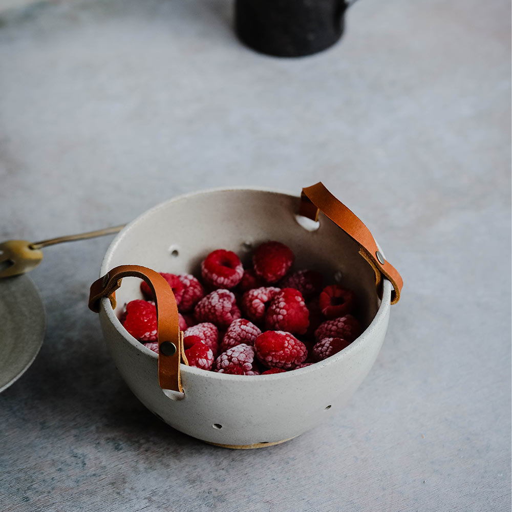 Ceramic Berry Bowl with Leather Handles