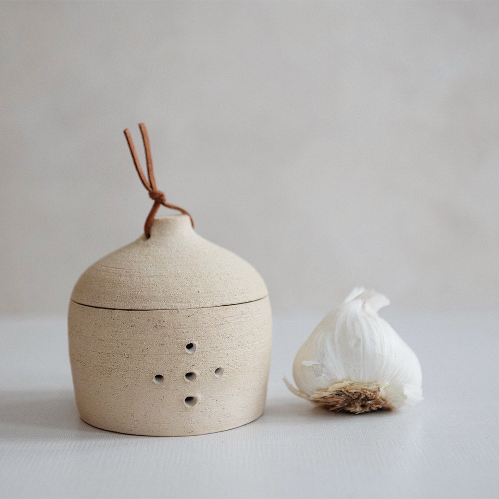 Ceramic Garlic Keeper - Leather Top