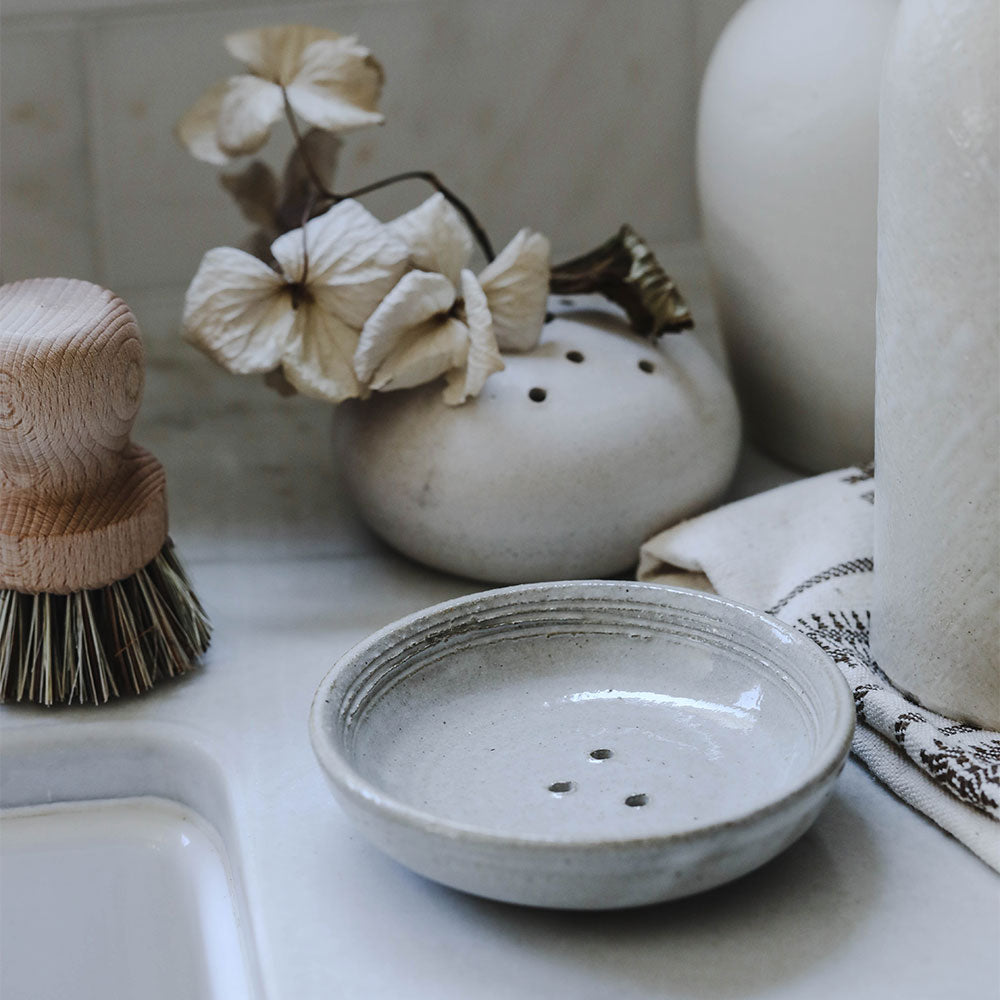 Pottery Scrub Brush Holder / Handmade Ceramic Ring Dish / Housewarming Gift  / White OR Speckled