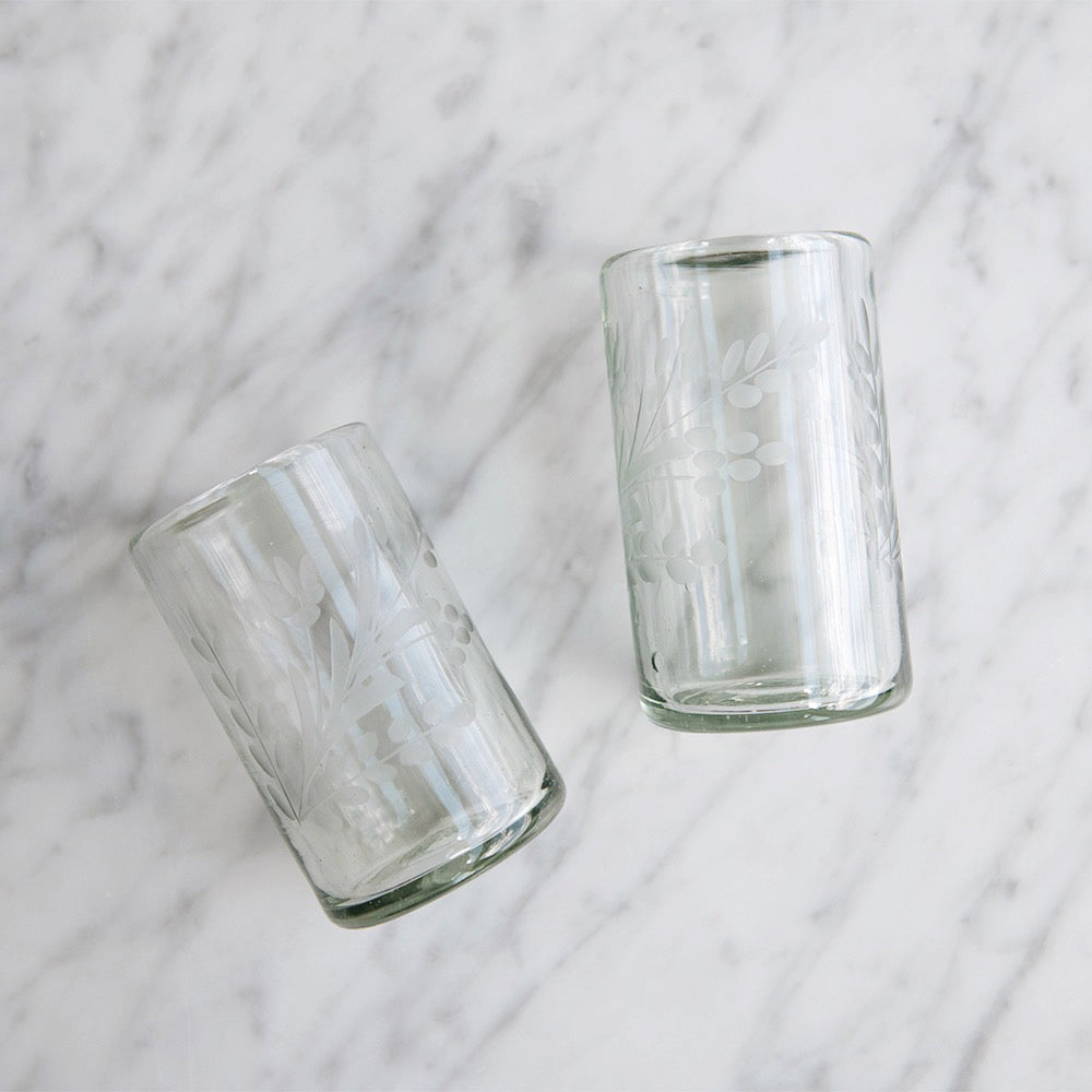 Hand-etched Floral Recycled Glassware - Short