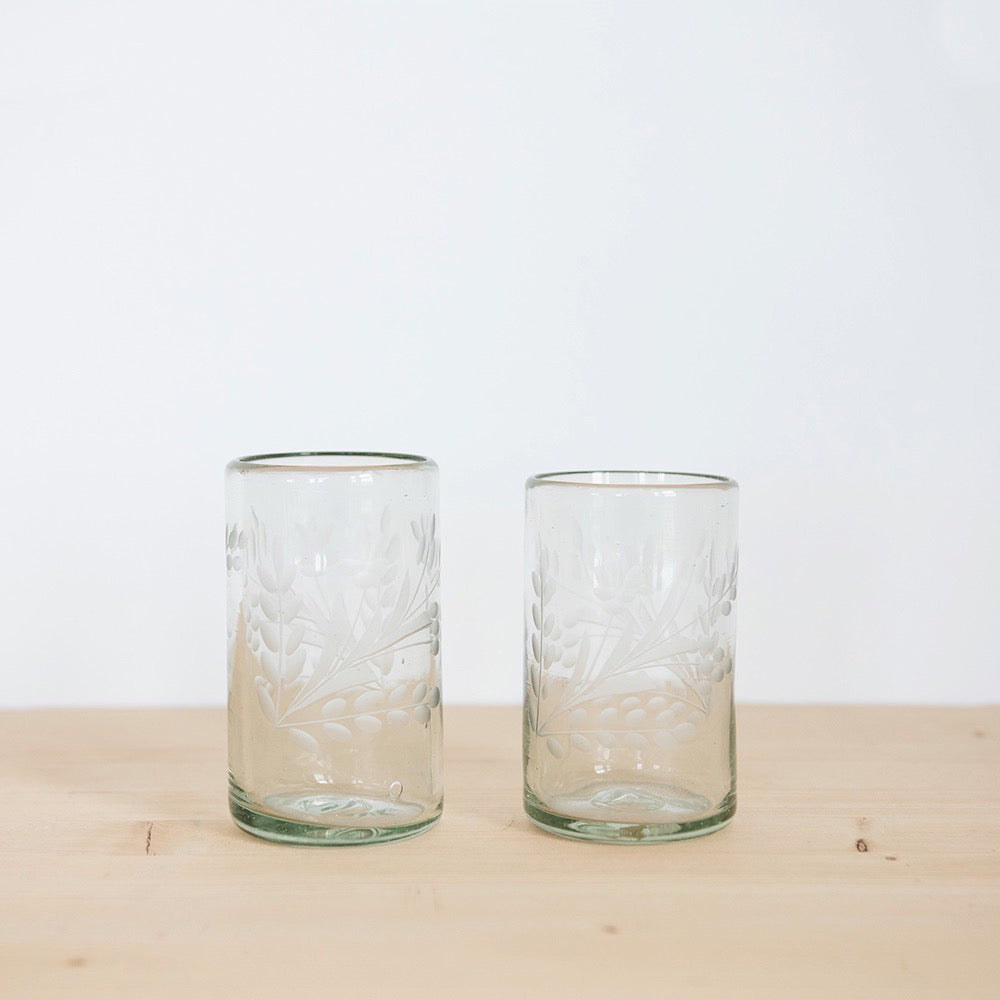 Hand-etched Floral Recycled Glassware - Short