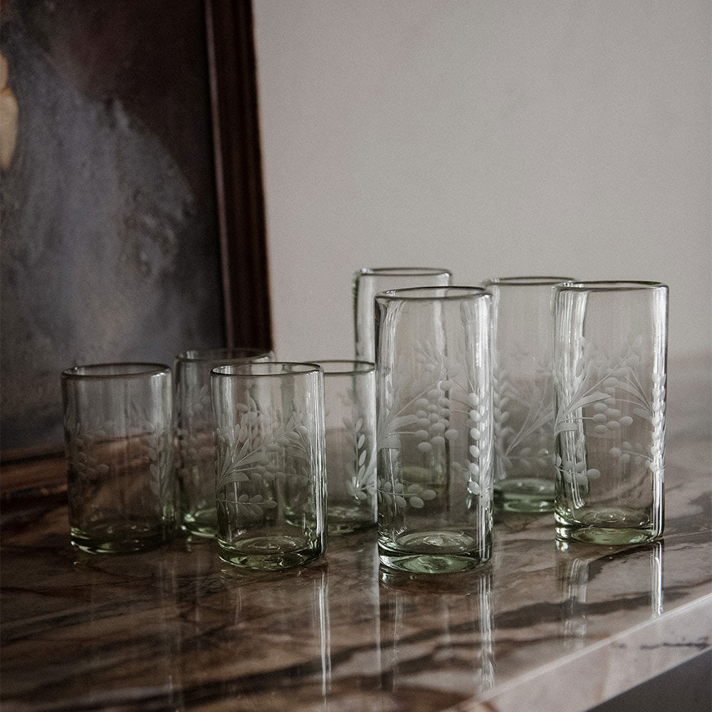 Hand-etched Floral Recycled Glassware