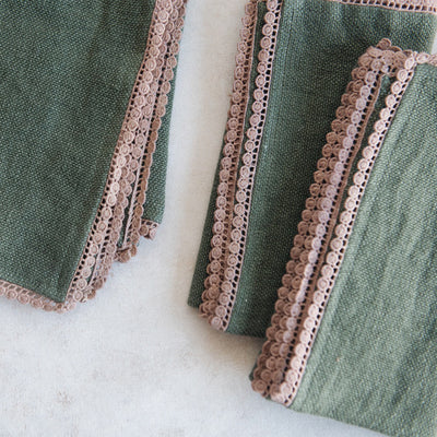 Heavyweight Table Linens with Lace Detail - Olive