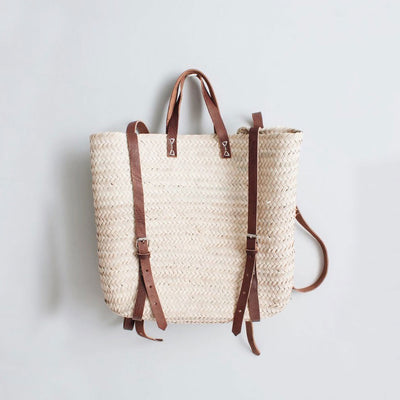 Palm Leaf Backpack with Leather Straps - Brown
