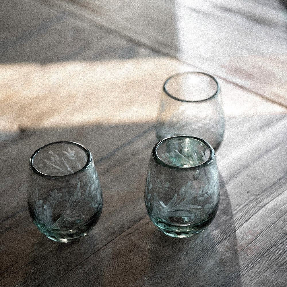 Petite Hand-etched Floral Recycled Glassware