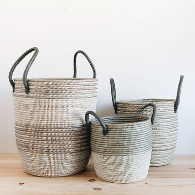 Storage Basket Set With Leather Handles - Silver